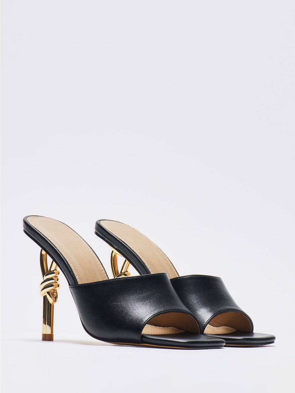 Fashion Nova Black  Open-Toe Mule with Gold Sculpted Heel